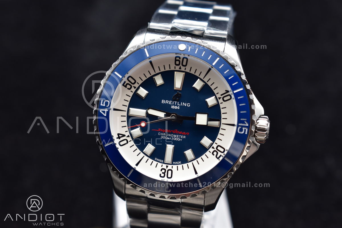 SuperOcean Automatic 44 TF 1:1 Best Edition Blue Ceramic Bezel Blue/White Dial on SS Bracelet A2824